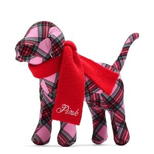 Limited Edition PINK Victoria's Secret Pink Plaid Dog Plush Red Scarf Decor
